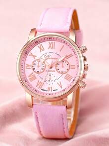 5pcs/Set Fashion Women's Round Steel Band Quartz Watch, Versatile Round Dial, Can Be Matched With Bracelets, Necklaces, Earrings And Other Jewelry To Form A Jewelry Set, Suitable For Daily Wear, Formal Events And Other Occasions, Best Gift Set For Women - Pink - View 3