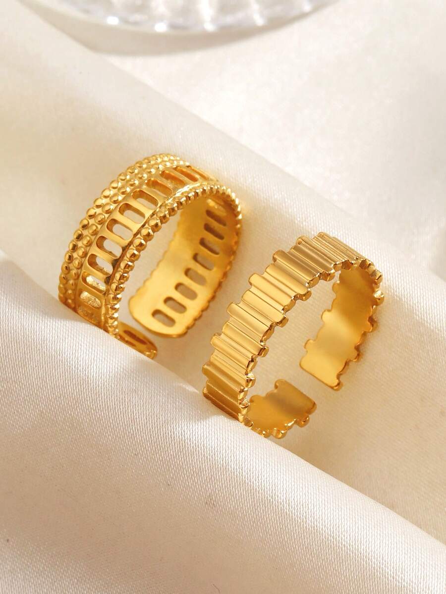 2枚不锈钢镀18K金几何开口戒指，适合女士日常及派对佩戴 - 金色 - 查看 1