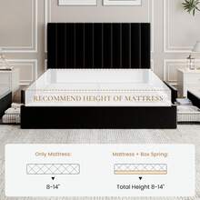 SHA CERLIN Full/Queen/King Size Platform Bed Frame With 4 Storage Drawers, Vertical Channel Tufted Adjustable Headboard, Velvet Upholstered, Wooden Slats Support, No Box Spring Needed, Easy Assembly, Black - Black - View 8