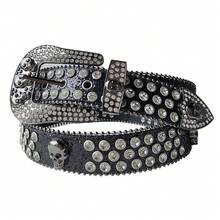 1PC Skull Rhinestone Leather Belt, Bling Crystal Studded Waist Belt, Western Style Punk Belt For Men & Women, For Jeans, Halloween, Parties, Nightclub, Adjustable Eye-Catching Fashion Belt For Daily & Costume Use - 黑底 白鑽 - 查看 12