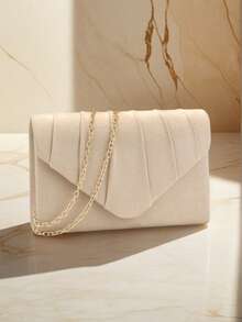 Beige Velvet Women's Evening Clutch Bag, Formal Party Handbag With Detachable Chain Strap - Apricot - View 6