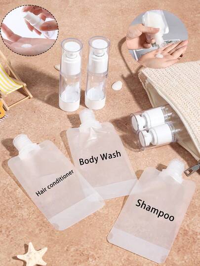 1set Travel Bath Separate Bag With Shampoo, Conditioner, Body Wash (Text), Leakproof Refillable Squeeze Pouches For Lotion,Dividing/Dispensing Bottles Travel Set,Shampoo - Travel-Friendly Cosmetic Containers In 30/50/100ml Sizes, Outdoor Travel/Vacation Travel Set, Portable, Vacation Gifts, Vacation Gifts,For Travel, Dormitories, Vacations, School,Ramadan, Eid Al-Fitr, Valentine'S Day, Mother'S Day Gifts, Thanksgiving Gifts