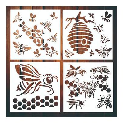 4套可重复使用的6英寸蜜蜂绘画模板，蜂巢图案模板，适用于DIY农场装饰艺术用品，可用于墙壁、标牌和画布 - 手工昆虫模板，家居装饰