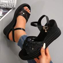 Sandalias de cuña con encaje elegantes para mujer, diseño de suela gruesa trenzada con cuerda, sandalias de playa para vacaciones y uso diario - Negro - Ver 5