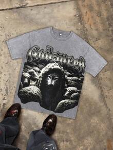 Retro Washed Pure Cotton 230g Double-Sided Printed T-Shirt, Christian Clothing, Godspeed Dark Style Print, Y2K Pattern T-Shirt, Street Style Pure Cotton T-Shirt, Holiday Gift. - Xám - Xem 1