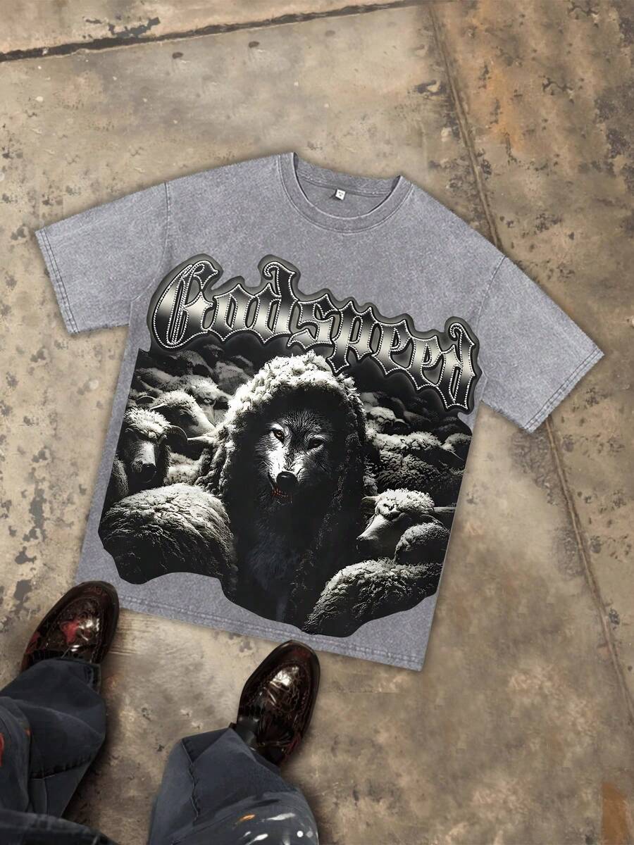 Retro Washed Pure Cotton 230g Double-Sided Printed T-Shirt, Christian Clothing, Godspeed Dark Style Print, Y2K Pattern T-Shirt, Street Style Pure Cotton T-Shirt, Holiday Gift. - Xám - Xem 1