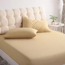 3pcs Solid Color Fitted Sheet Set  With 1pc Fitted Sheet+2pcs Pillow Case Without Filler, Modern Soft Bedding Set For Household Sheet Deep Pocket Up To 15 Inch - 卡其色 - 查看 2