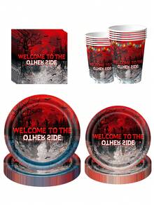 10件/20件生日派对装饰套装 - 欢迎光临，红黑纸盘、纸杯、餐巾纸，恐怖森林惊悚主题派对装饰，生日派对用品及礼物 - 彩色 - 查看 3