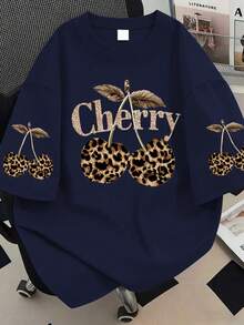 Plus Size Women's Summer T-Shirt, Leopard Print Cherry Pattern, Casual Short Sleeve. Suitable For New Year, Holidays, Daily Wear, Outings, Parties, Graduation, Summer Vacation, Beach, Resort, Spring, Valentine's Day, Mother's Day - Royal Blue - View 1