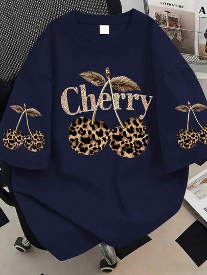 Plus Size Women's Casual Leopard And Cherry Print Round Neck Short Sleeves T-Shirt, Suitable For Holiday, Valentine's Day, Mother's Day Gift