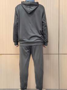 Men's Thin Letter Print Hooded Sweatshirt And Drawstring Waist Pants Set, Fashionable Casual Outfit With Pockets, Suitable As Gift For Husband Or Boyfriend, Spring/Autumn - Dark Grey - View 2
