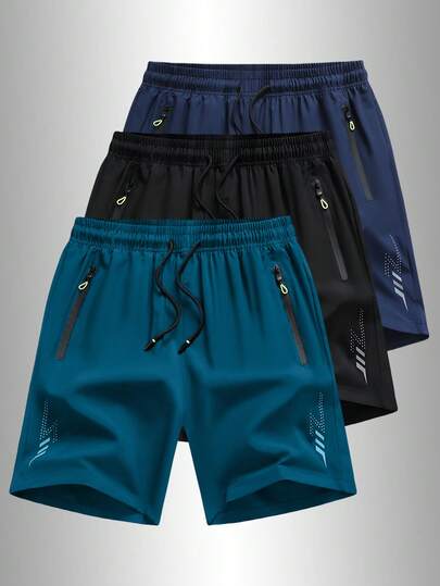 男士休闲宽松透气短裤，印花设计，带口袋、拉链和抽绳腰带，适合健身、跑步和户外活动。