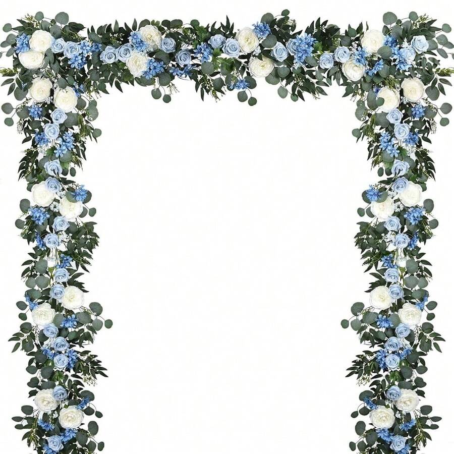 2 Pack Artificial Peony Flower Garland - 6ft Silk Peony Vine Willow Leaves And Eucalyptus Garland White Arch Flower Vine For Wedding Party Table Decoration (Blue) - 藍色 - 查看 1