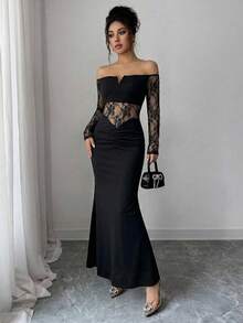 Elegant Women's Long Off The Shoulder Bodycon Maxi Dress Black Knitted Fabric Lace Ruched Party Style - Black - View 1