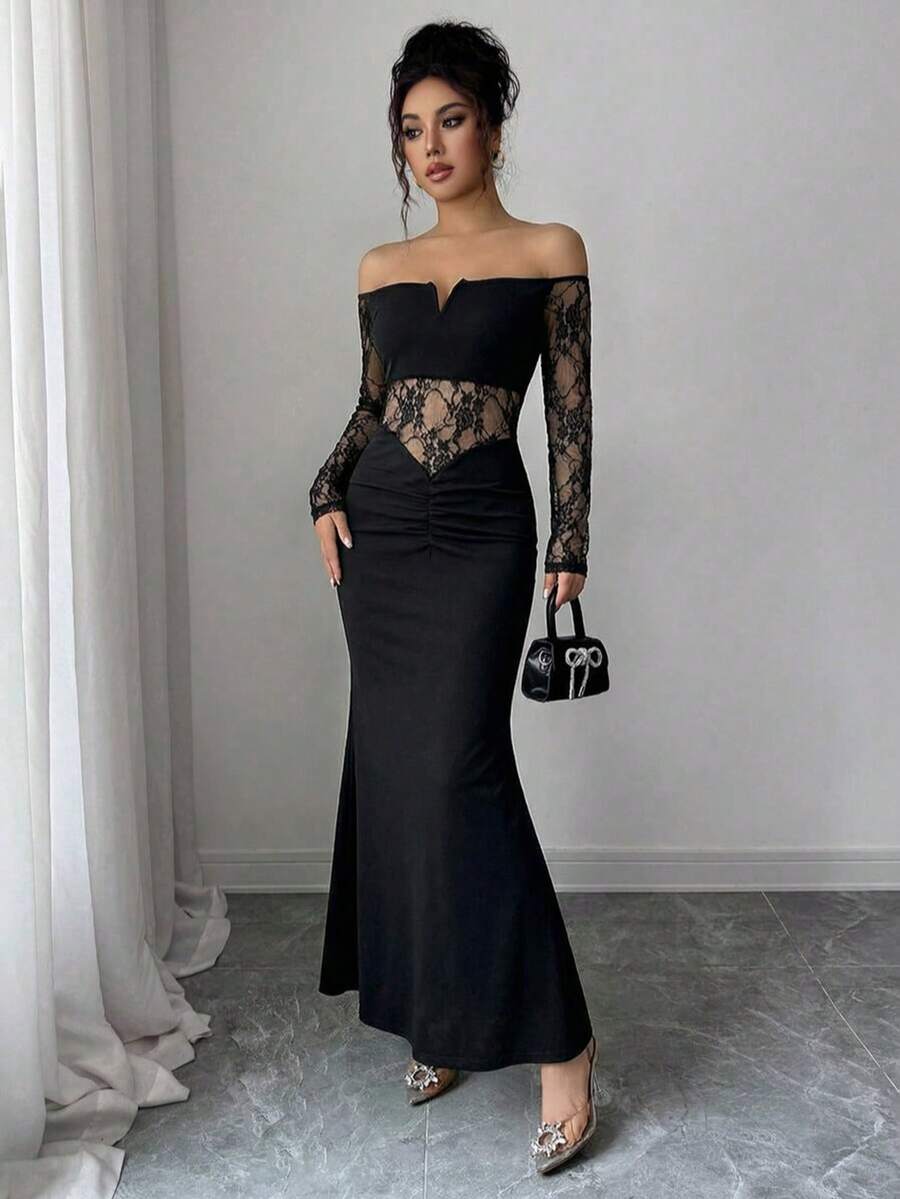 Elegant Women's Long Off The Shoulder Bodycon Maxi Dress Black Knitted Fabric Lace Ruched Party Style - Black - View 1