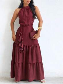 Milla Dress – Elegant Long Dress In Sensual Fabric | Knot Detail, Ruffled Hem, With Belt (Waist Tie) Ideal For Weddings And Special Occasions - 紅木色 - 查看 2