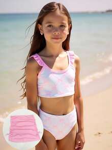 Tween Girl Butterfly Print Ruffle Trim Bikini Set - Pink - View 6