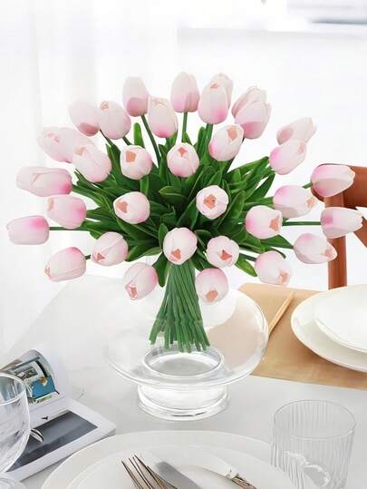 24pcs Artificial Silk Light Pink Tulip Flowers With Stems, Suitable For Home Decor, Wedding, Hotel, Office And Garden Decoration