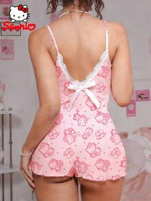 SANRIO 三丽鸥Hello Kitty女士睡衣，V领，蕾丝拼接，春夏款，家居服，休闲服，连体衣 - 粉色 - 查看 1