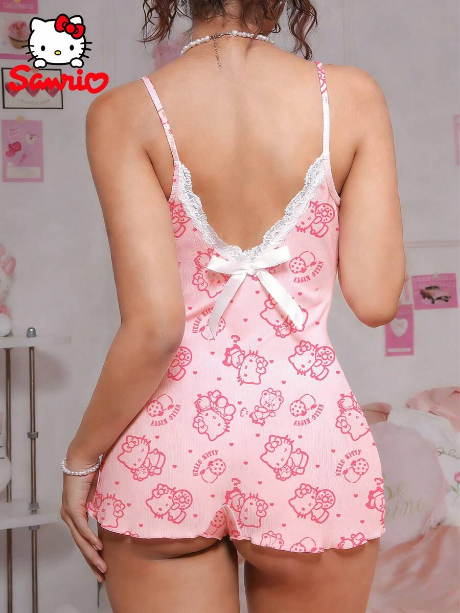 SANRIO 三丽鸥Hello Kitty女士睡衣，V领，蕾丝拼接，春夏款，家居服，休闲服，连体衣 - 粉色 - 查看 1