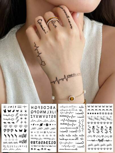精致多图案临时手指纹身贴纸 - 黑色音符、字母、数字、钻石、蝴蝶、心跳图案，适用于手腕、脚踝、肩膀、脖子、锁骨，防水逼真纹身贴纸，适合动漫节、嘉年华、音乐节、情人节、派对节日礼物等DIY场合。
