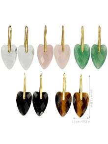 迷人天然石心形吊坠女士耳环 - 13*20mm 天然白石英、粉晶、绿东陵玉、虎眼石、黑曜石多面心形吊坠 - 波西米亚优雅风格，适合日常及节日佩戴。理想的情人节礼物。可爱可摆动设计，休闲装扮及特殊场合皆宜。 - 彩色 - 查看 12