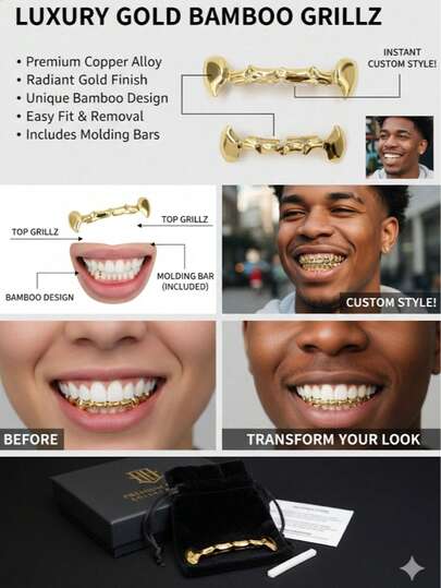 2026hot-8-Piece Gold Set - Full Mouth Gold Plated Hop Braces Concerts, Music Videos & Bold Style, Removable Dental Jewelry Stage & Parties