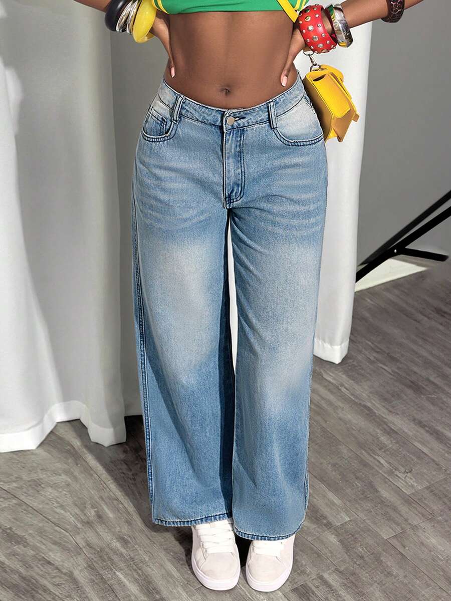 Loose Fit Straight Leg Jeans - Light Wash - View 1