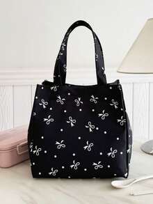 Portable Insulated Lunch Bag; Thickened Cute Lunch Fruit Bag For Students; Pink Asymmetrical Bowknot & Heart Print - Black - View 11