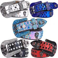1PC Skull Rhinestone Leather Belt, Bling Crystal Studded Waist Belt, Western Style Punk Belt For Men & Women, For Jeans, Halloween, Parties, Nightclub, Adjustable Eye-Catching Fashion Belt For Daily & Costume Use - 黑底 白鑽 - 查看 1