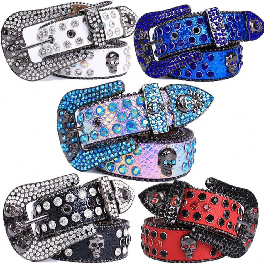 1PC Skull Rhinestone Leather Belt, Bling Crystal Studded Waist Belt, Western Style Punk Belt For Men & Women, For Jeans, Halloween, Parties, Nightclub, Adjustable Eye-Catching Fashion Belt For Daily & Costume Use - 黑底 白鑽 - 查看 1