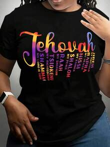 Plus Size Casual Slogan Print Round Neck Short Sleeve T-Shirt - Black - View 1