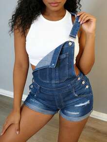 Shorts en jean femme à taille mi-haute, stretch, déchirés, avec bretelles réglables - Shorts casual quotidiens slim fit avec revers boutonnés - Jean clair - Voir 6