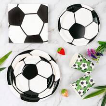 1 Set White Soccer Themed Disposable Plates, Napkins, Cups, Serves 8 Guests, Disposable Paper Plates Party Supplies Suitable For Birthday, Wedding, Theme Party, Family Picnic - Multicolor - View 5