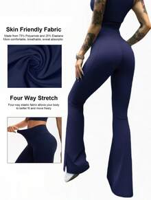 3 PCS Women's Solid Color Bell Bottoms, Elastic Soft Bell Bottoms,  High Waisted Commuting Yoga Pants, Sports Leggings, Casual Sports Pants, Hip Lifting Design Micro Bell Bottoms Women's Sportswear, Suitable For Sports, Leisure, Fitness, Yoga - 3Pcs 3colors (Black + Navy blue + Khaki) - 查看 3