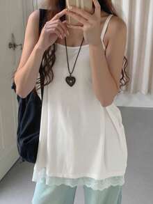 Women's Solid Color Sleeveless Loose Lace Trim Casual Tank Top, Spring/Summer White - White - View 1