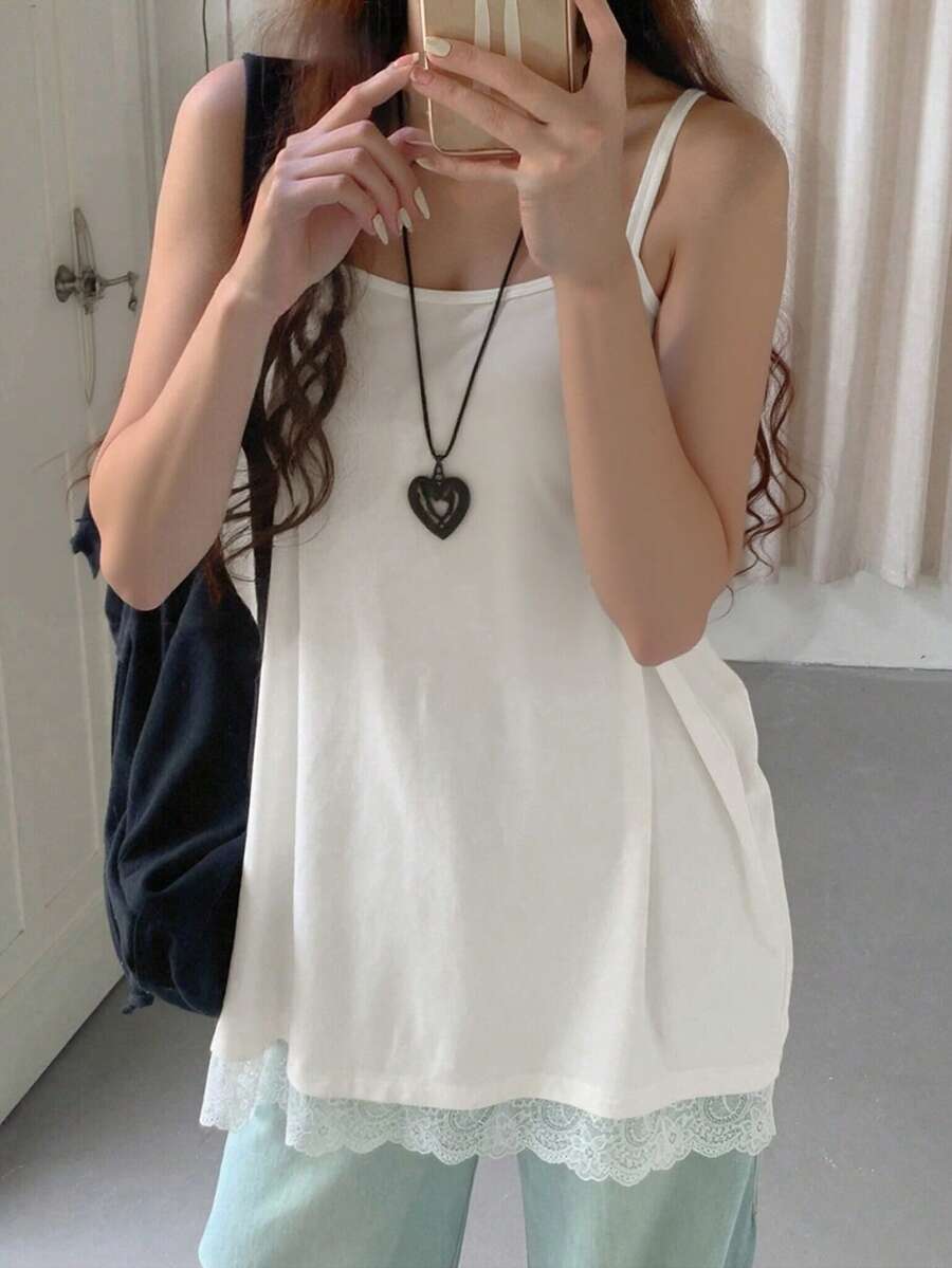 Women's Solid Color Sleeveless Loose Lace Trim Casual Tank Top, Spring/Summer White - White - View 1
