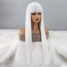 White Wig With Bangs, Long Straight White Wig For Women Heat Resistant Synthetic Womens Hair Wigs For Cosplay Party Halloween - 白色 - 查看 6