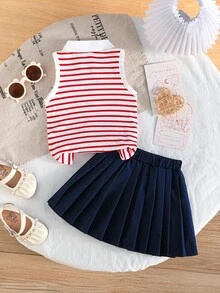 Baby Girls Collared Shirt With Heart Embroidery & Striped Pattern, Paired With Simple Pleated Skirt, Casual Summer Outfit For Little Girls - Red - View 2