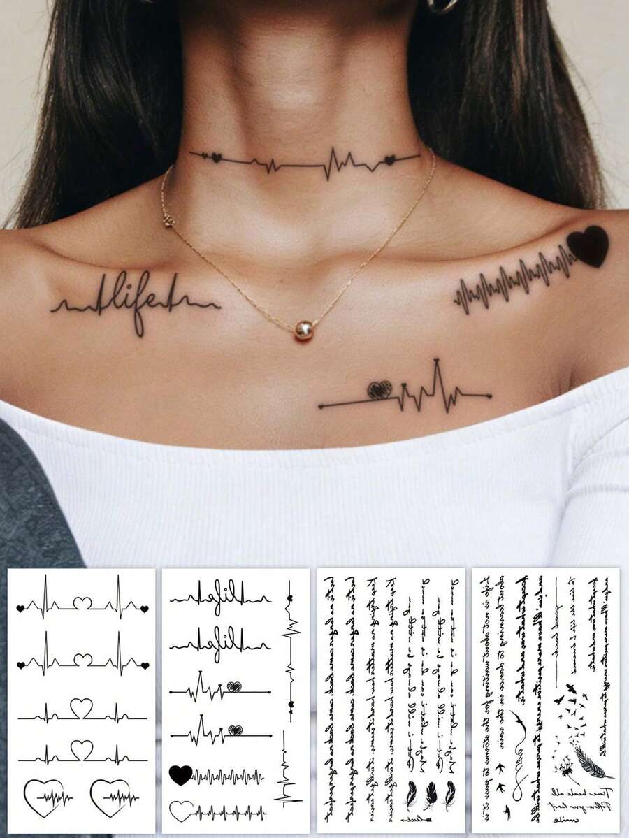 Small Floral Arm Fine Line Temporary Tattoos, Minimalist Heart-Stirring Line Art, Heartbeat, Music Notes, Words, Suitable For Wrist, Ankle, Shoulder, Neck, Collarbone, Waterproof, Realistic Tattoo Stickers For Music Festivals, Celebrations, Valentine's Day, Party Gifts - Black - View 1