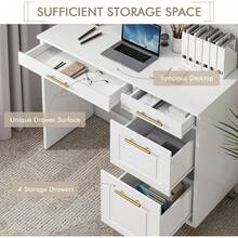 Modern Computer Desk With 4 Drawers, Modern Home Office Desks With Golden Handles And Drawers, Computer Table For Small Spaces, Black/ White - White - View 4