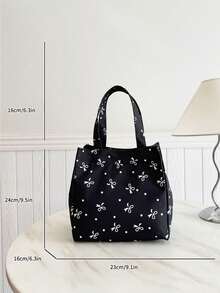 Portable Insulated Lunch Bag; Thickened Cute Lunch Fruit Bag For Students; Pink Asymmetrical Bowknot & Heart Print - Black - View 2