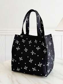 Portable Insulated Lunch Bag; Thickened Cute Lunch Fruit Bag For Students; Pink Asymmetrical Bowknot & Heart Print - Black - View 8