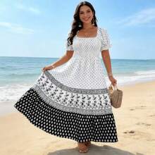 Plus Size Women Elegant Geometric Floral Print Ruffle Hem Vacation Dress Summer - Black and White - View 6