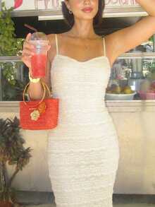 French Sensual Style Fashion Spaghetti Strap Backless Lace Trim Bodycon Beach Vacation Dress - Apricot - View 6