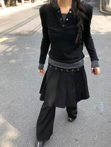 Collegiate Striped Patchwork Design 2 In 1 Button Hoodie Top - Black - View 9