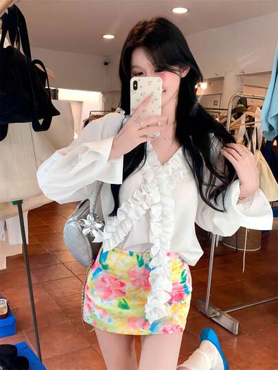 2026 Spring Autumn White Ruffled Tie-Front Shirt - Elegant Sweet Textured Fabric Long-Sleeve Loose-Fit Blouse | For 18-35Yrs, Perfect For Valentine's Day/Easter/Mother's Day/Cafe Gathering/Daily Hangout/Weekend Dating