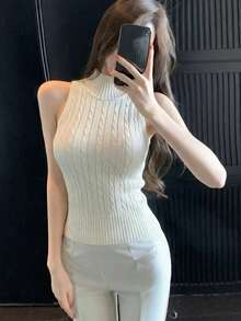 Chaleco sin mangas de punto blanco para mujer, diseño de prenda exterior ajustada con estilo francés - Albaricoque - Ver 2