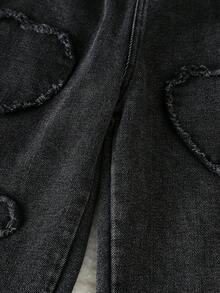 Girls' Heart Casual Denim Pants, Summer - Black - View 4