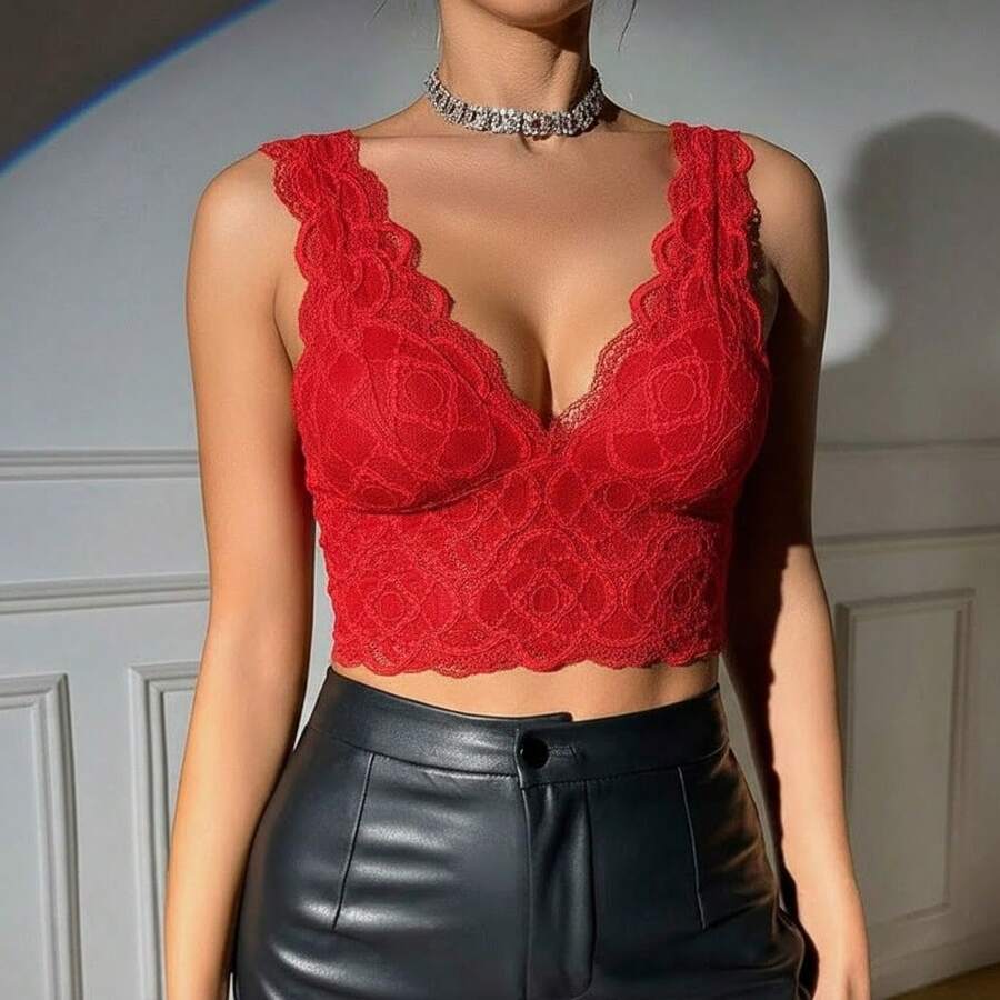 Top Randa Feminino Cropped Regata Mulher Renda Fashion Moda Verão Floral Cores Vibrates Carnaval - Vermelho - Visão 1